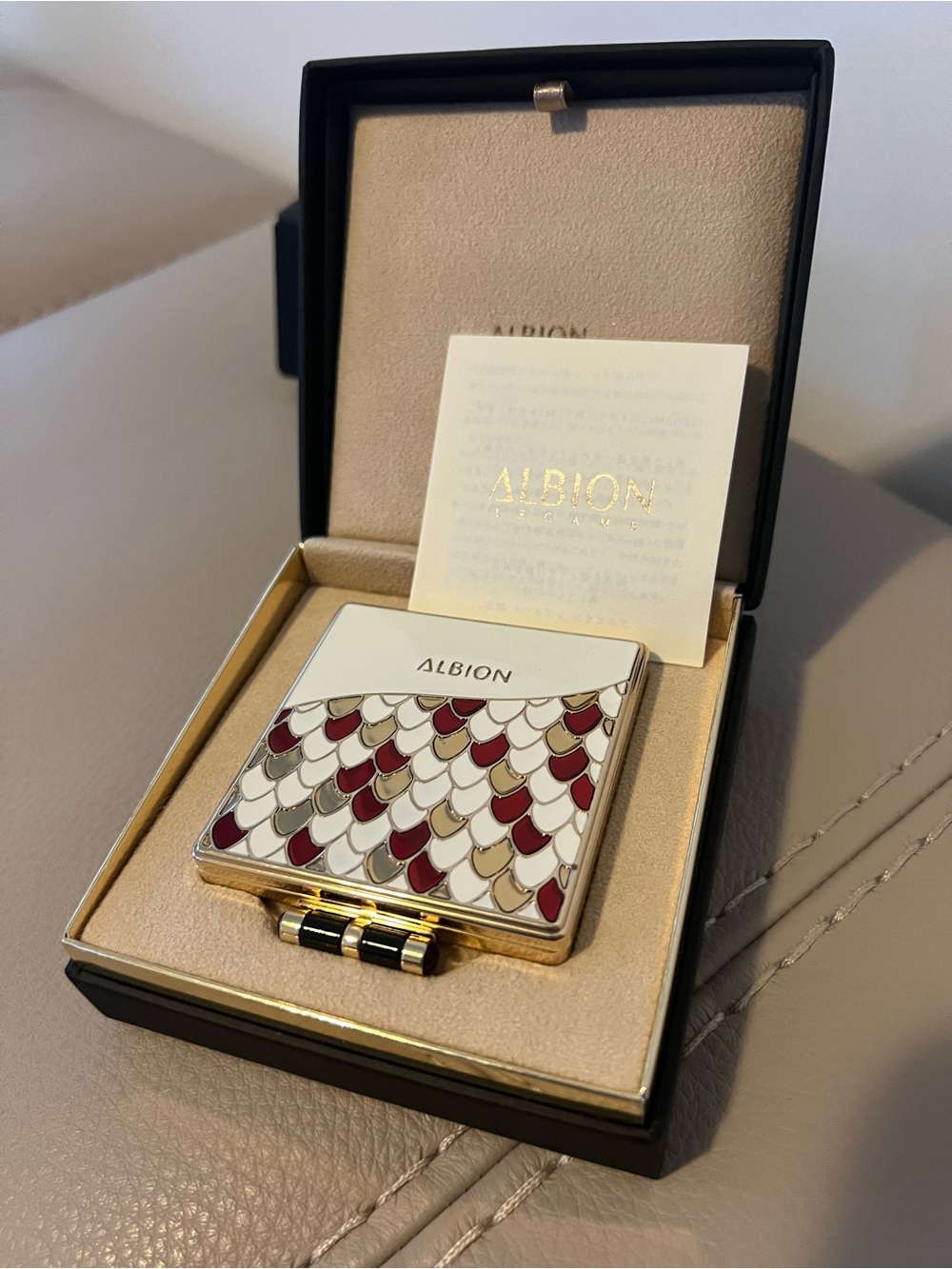 Albion&Bvlgari Enamel Compact Mirror in White, Red, and Gold Scale Pattern